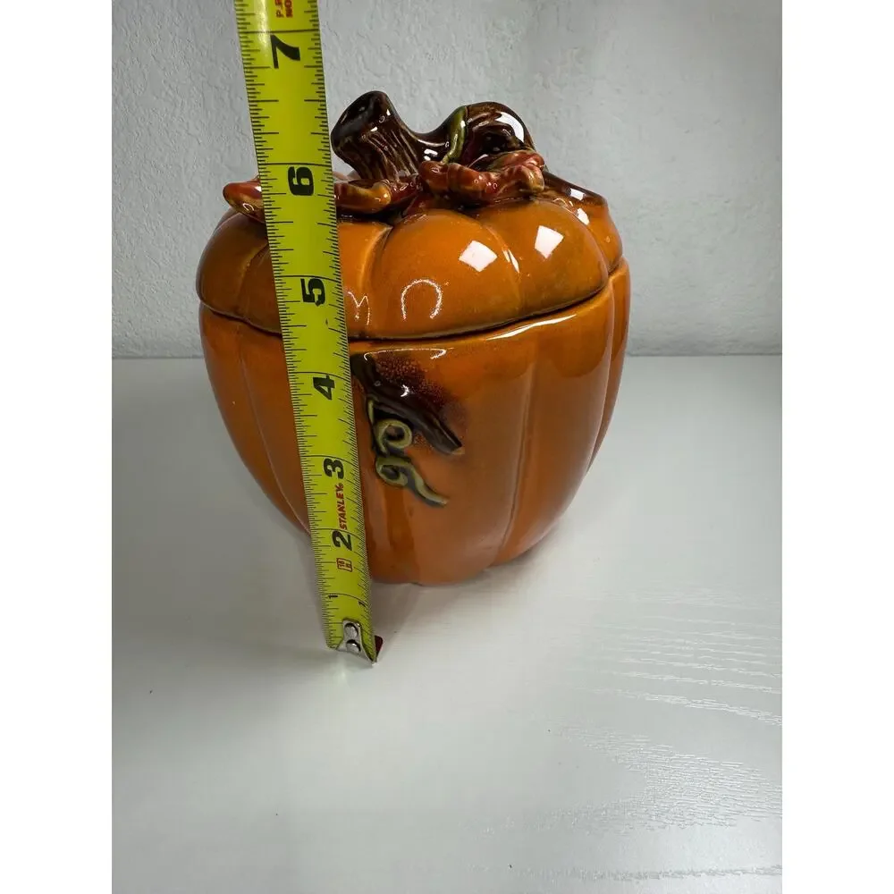Vintage Ceramic Pumpkin Lidded Jar, Ribbed Stoneware Canister, Fall Decor